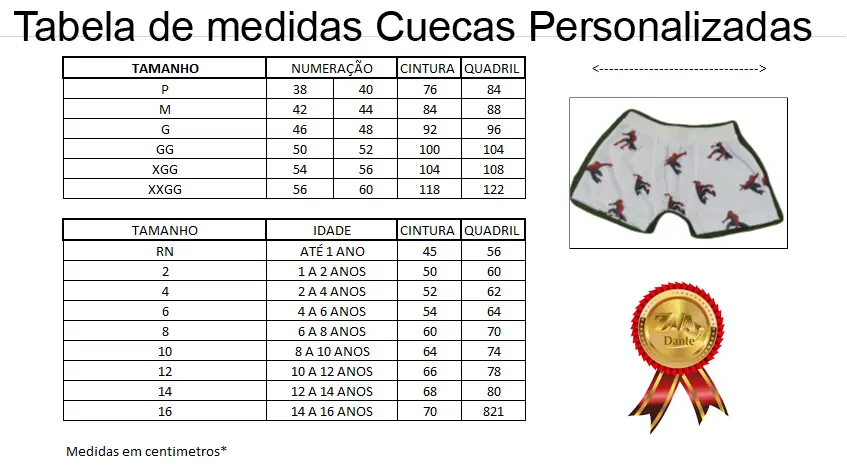 Tabela de medidas Cuecas