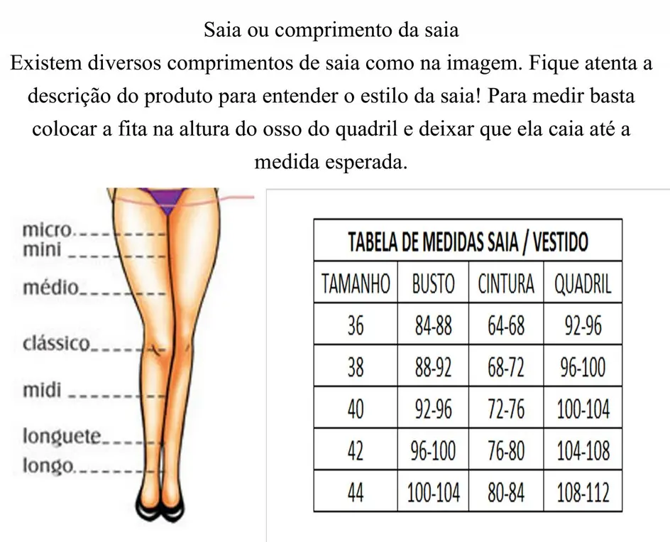 Tabela de medidas Saia e Vestido